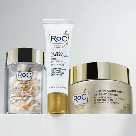 LINE SMOOTHING NIGHT SERUM CAPSULES, LINE SMOOTHING EYE CREAM, LINE SMOOTHING MAX HYDRATION CREAM FRAGRANCE FREE